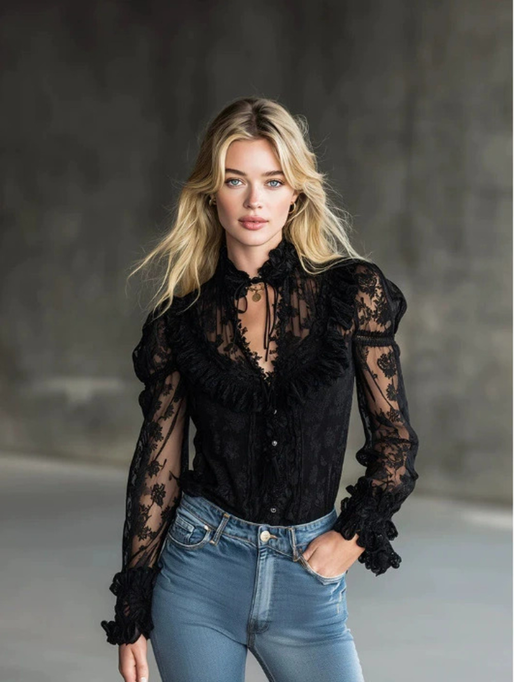 H&M Early Spring Fashion Black Lace Ruffle Blouse for Women